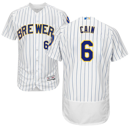 Brewers #6 Lorenzo Cain White Strip Flexbase Authentic Collection Stitched MLB Jersey